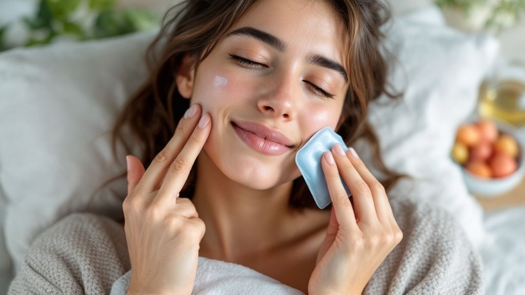 Patient applying ice pack to reduce swelling after tooth extraction