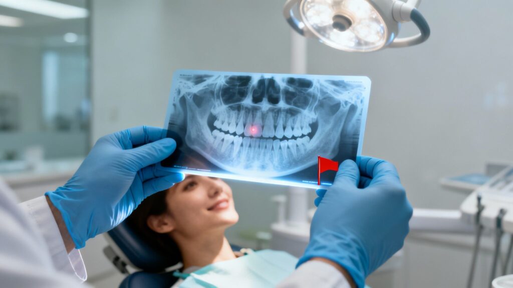 Dentist reviewing dental X-rays for signs of oral cancer during screening
